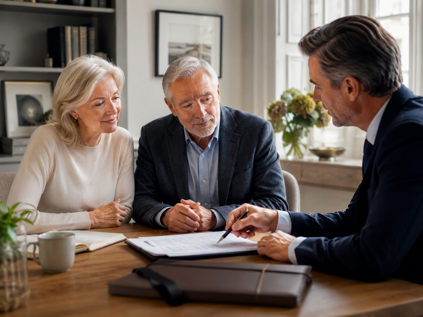 An older couple reviewing documents with an adviser