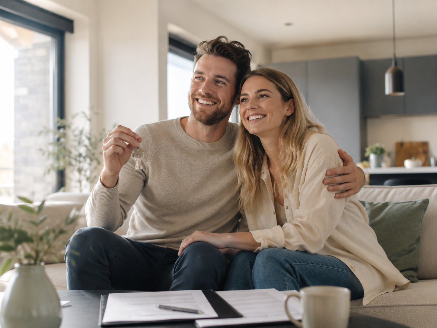 A young couple holding the keys to their first home