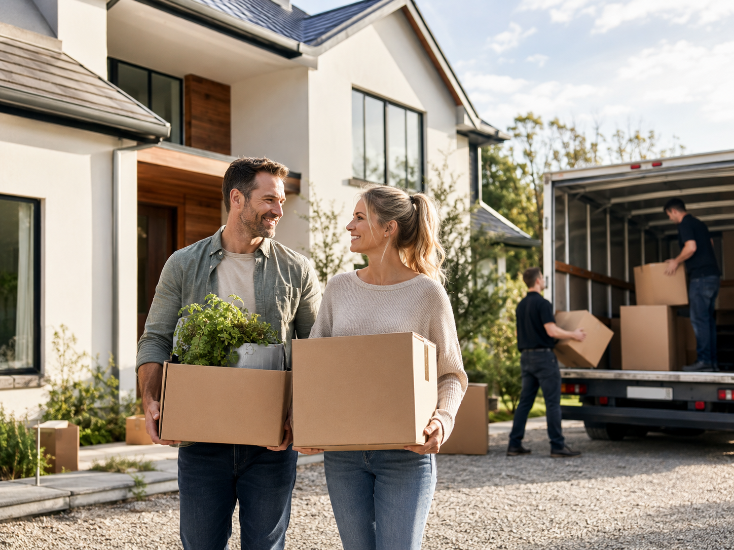 A couple carrying boxes outside their new home