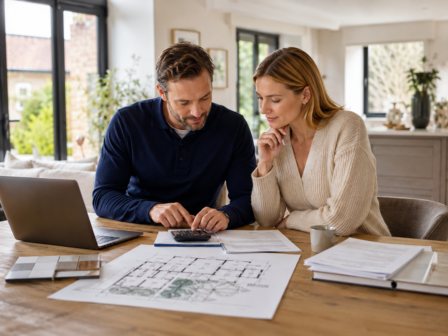 A couple reviewing plans and budget for their new home